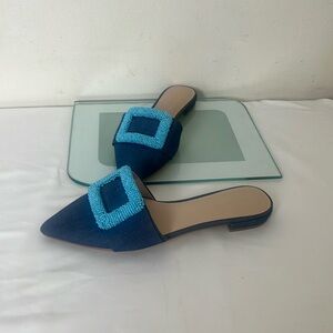 Something Navy Denim Portia Buckle Mules. Sz 7.5